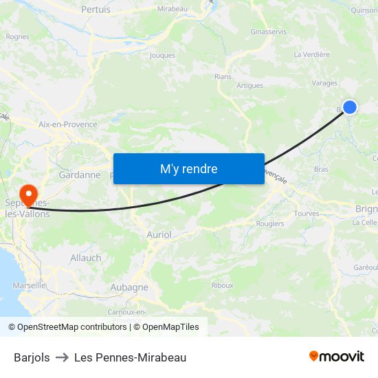 Barjols to Les Pennes-Mirabeau map