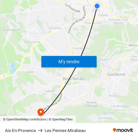 Aix-En-Provence to Les Pennes-Mirabeau map