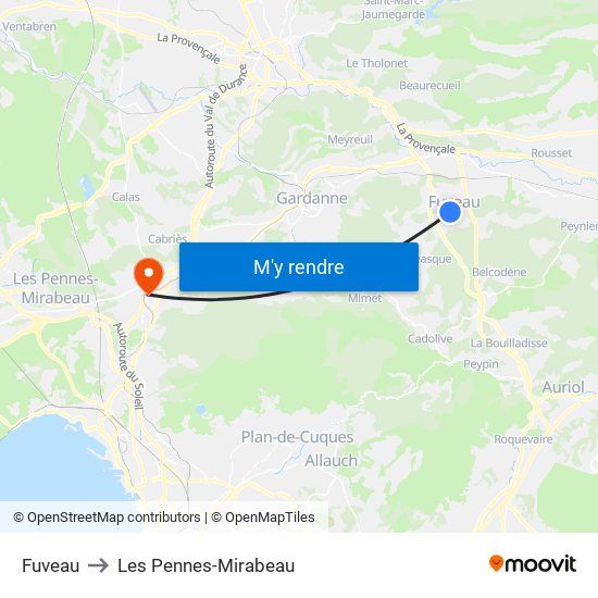 Fuveau to Les Pennes-Mirabeau map