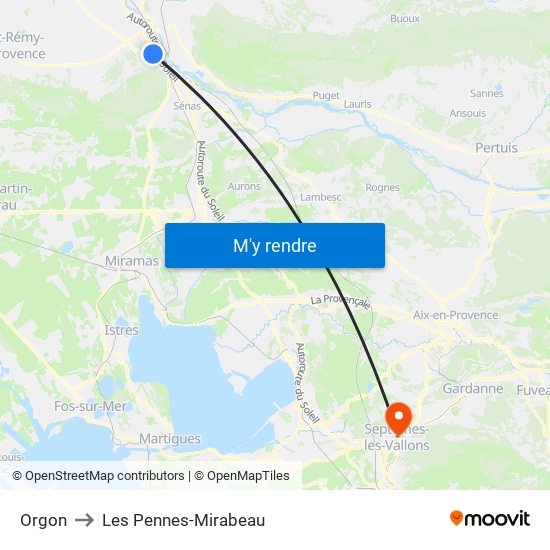 Orgon to Les Pennes-Mirabeau map