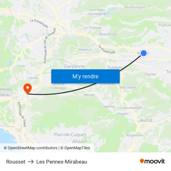Rousset to Les Pennes-Mirabeau map