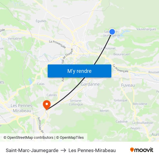 Saint-Marc-Jaumegarde to Les Pennes-Mirabeau map