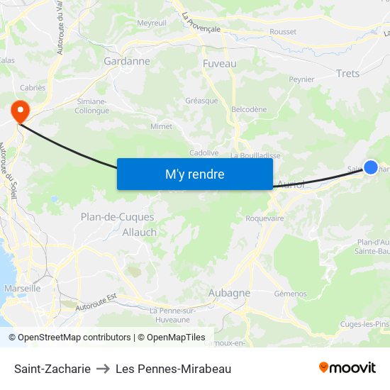 Saint-Zacharie to Les Pennes-Mirabeau map