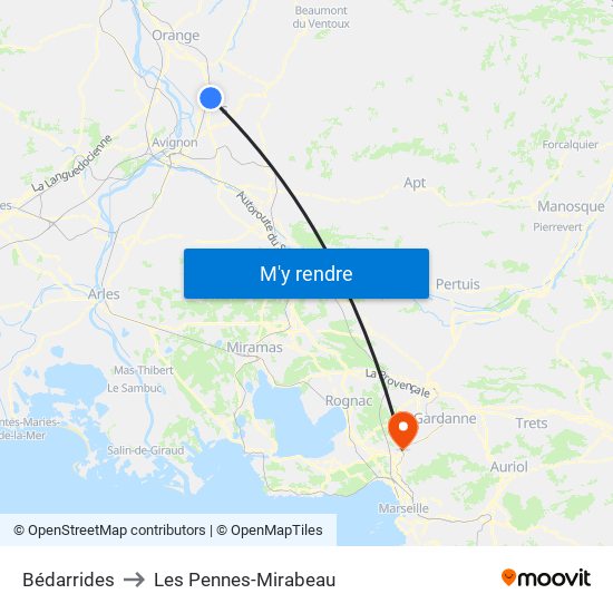 Bédarrides to Les Pennes-Mirabeau map