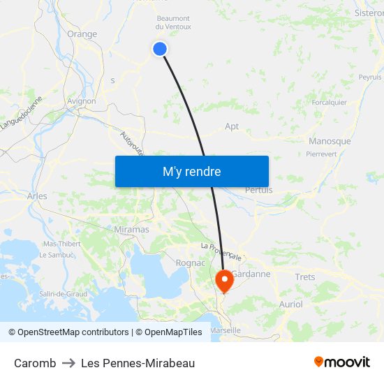 Caromb to Les Pennes-Mirabeau map