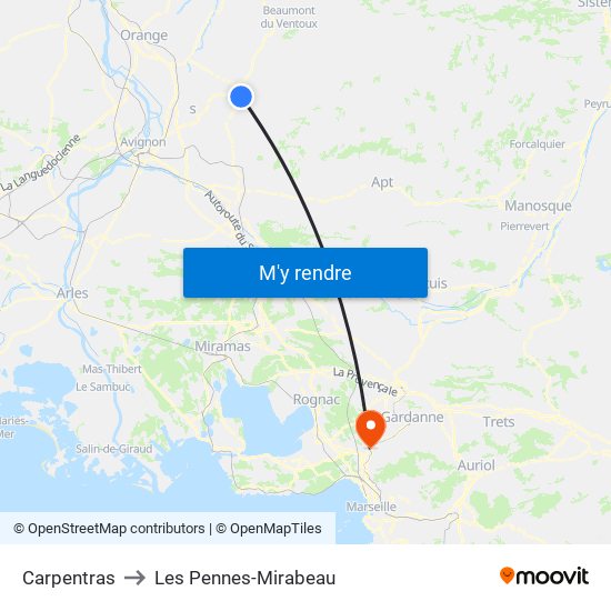 Carpentras to Les Pennes-Mirabeau map
