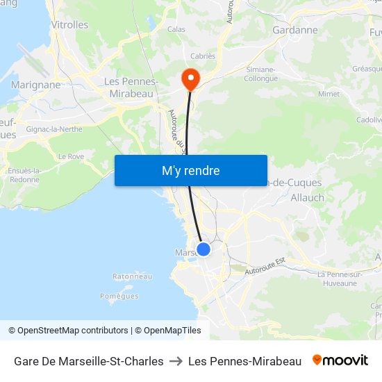Gare De Marseille-St-Charles to Les Pennes-Mirabeau map