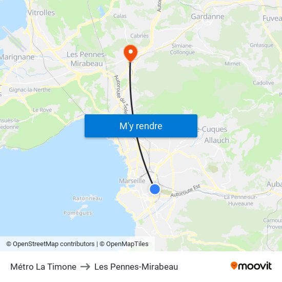 Métro La Timone to Les Pennes-Mirabeau map