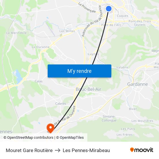 Mouret Gare Routière to Les Pennes-Mirabeau map