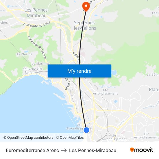 Euroméditerranée Arenc to Les Pennes-Mirabeau map