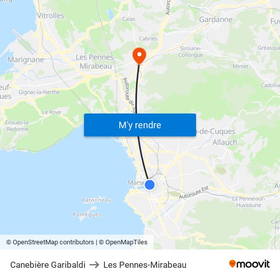 Canebière Garibaldi to Les Pennes-Mirabeau map