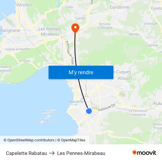 Capelette Rabatau to Les Pennes-Mirabeau map