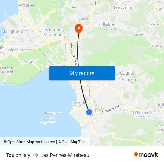 Toulon Isly to Les Pennes-Mirabeau map