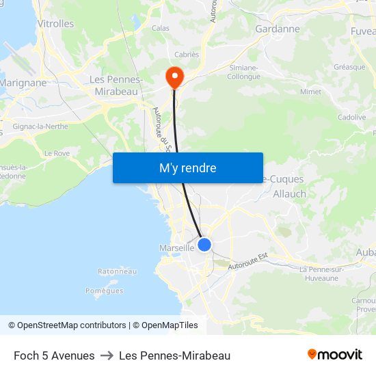 Foch 5 Avenues to Les Pennes-Mirabeau map