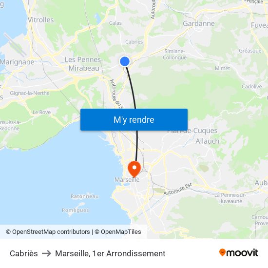 Cabriès to Marseille, 1er Arrondissement map