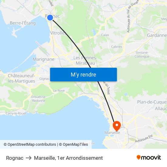 Rognac to Marseille, 1er Arrondissement map