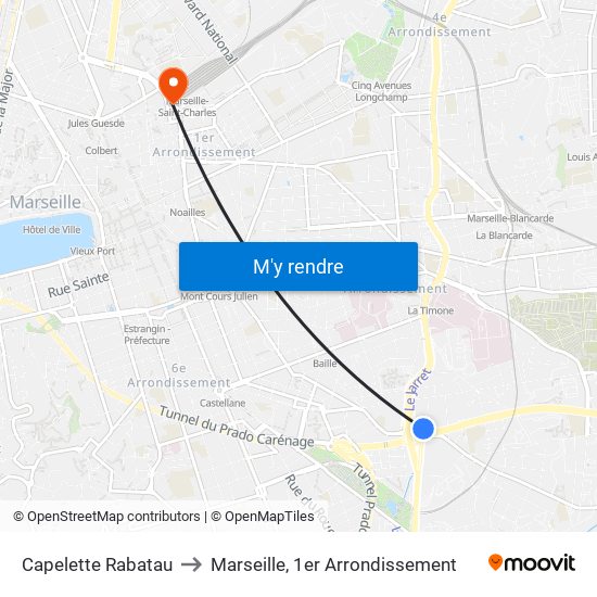 Capelette Rabatau to Marseille, 1er Arrondissement map