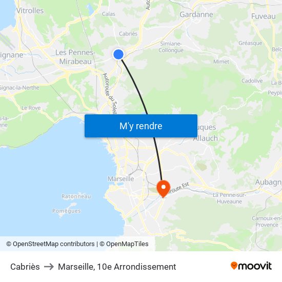 Cabriès to Marseille, 10e Arrondissement map