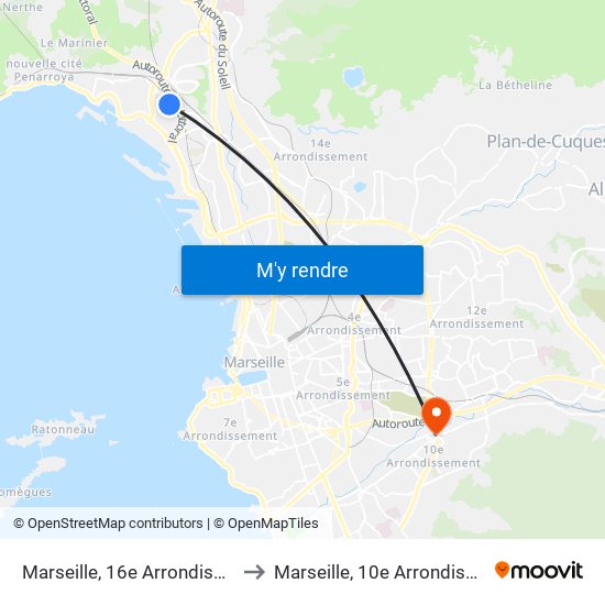 Marseille, 16e Arrondissement to Marseille, 10e Arrondissement map