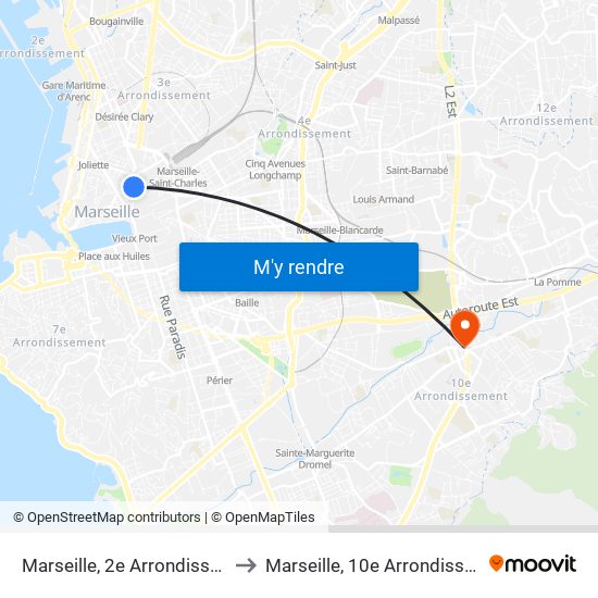 Marseille, 2e Arrondissement to Marseille, 10e Arrondissement map
