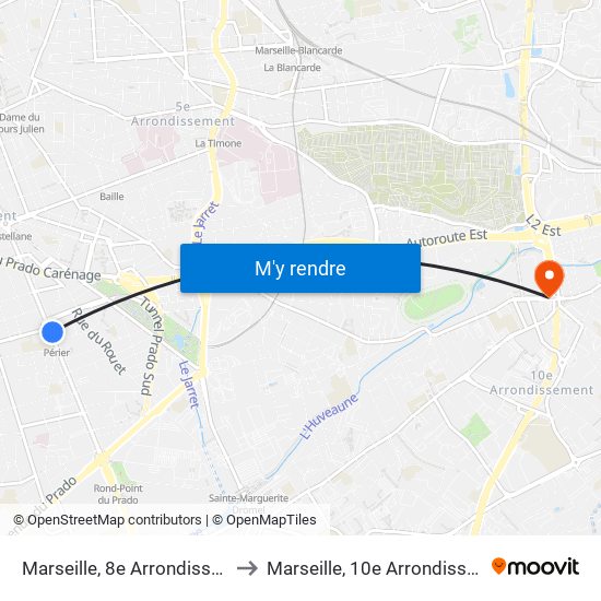 Marseille, 8e Arrondissement to Marseille, 10e Arrondissement map