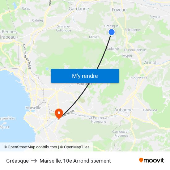 Gréasque to Marseille, 10e Arrondissement map