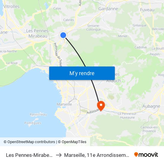 Les Pennes-Mirabeau to Marseille, 11e Arrondissement map