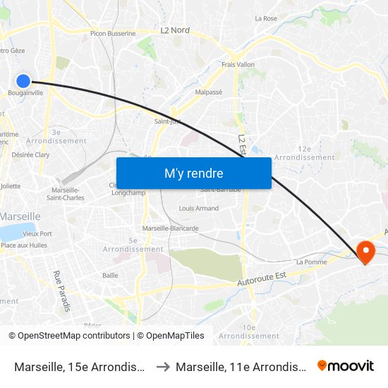 Marseille, 15e Arrondissement to Marseille, 11e Arrondissement map
