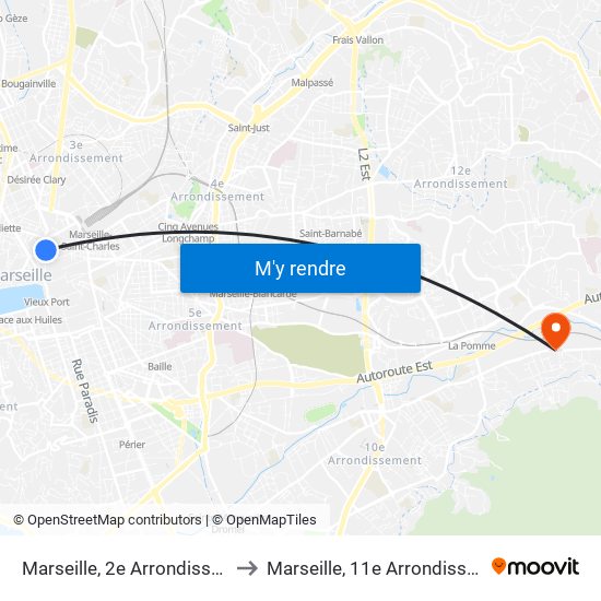 Marseille, 2e Arrondissement to Marseille, 11e Arrondissement map