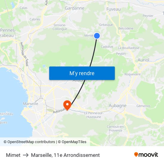 Mimet to Marseille, 11e Arrondissement map