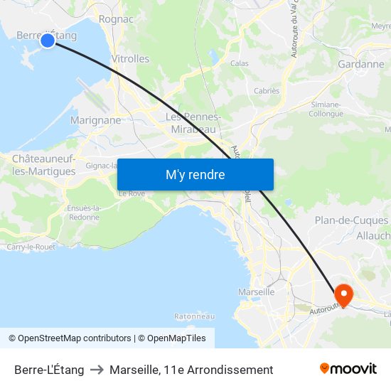 Berre-L'Étang to Marseille, 11e Arrondissement map