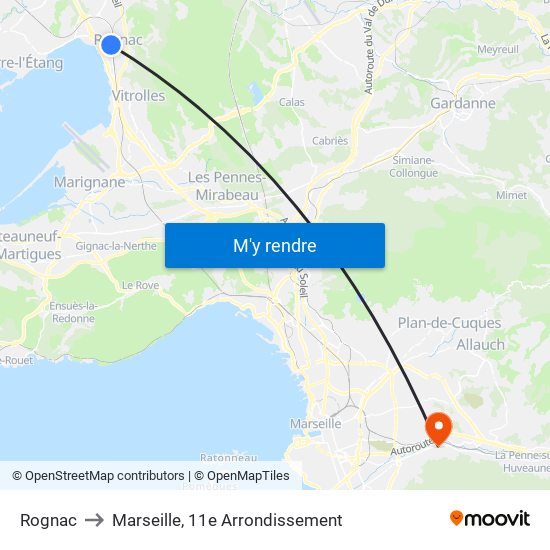 Rognac to Marseille, 11e Arrondissement map