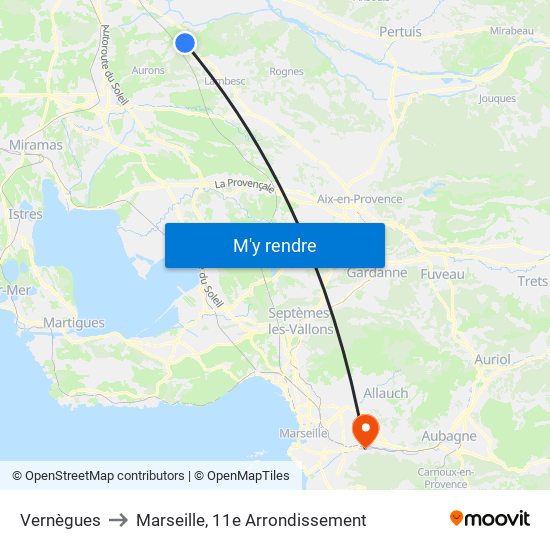 Vernègues to Marseille, 11e Arrondissement map