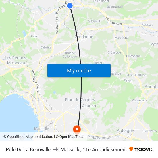 Pôle De La Beauvalle to Marseille, 11e Arrondissement map