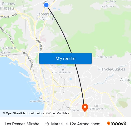 Les Pennes-Mirabeau to Marseille, 12e Arrondissement map
