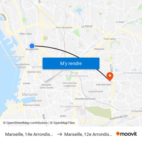 Marseille, 14e Arrondissement to Marseille, 12e Arrondissement map