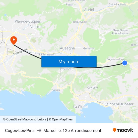 Cuges-Les-Pins to Marseille, 12e Arrondissement map