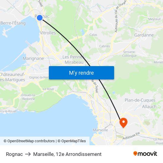 Rognac to Marseille, 12e Arrondissement map