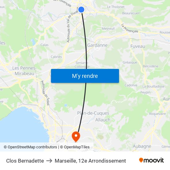 Clos Bernadette to Marseille, 12e Arrondissement map