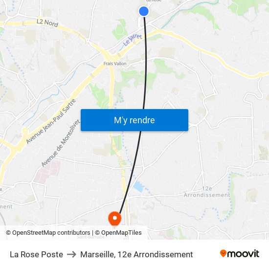 La Rose Poste to Marseille, 12e Arrondissement map