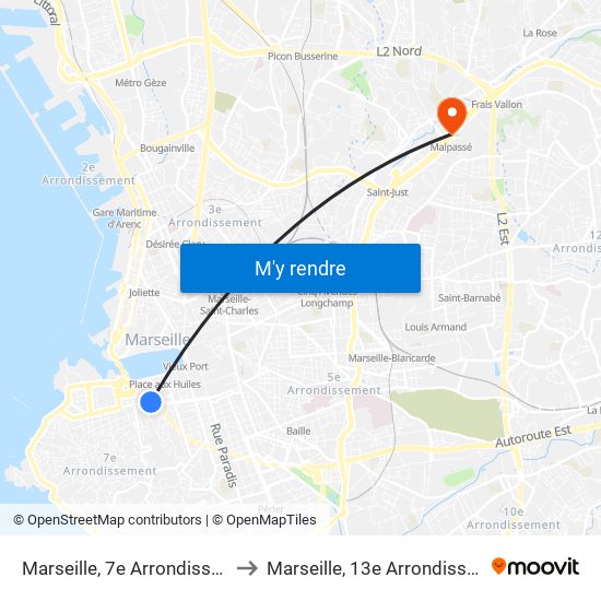 Marseille, 7e Arrondissement to Marseille, 13e Arrondissement map