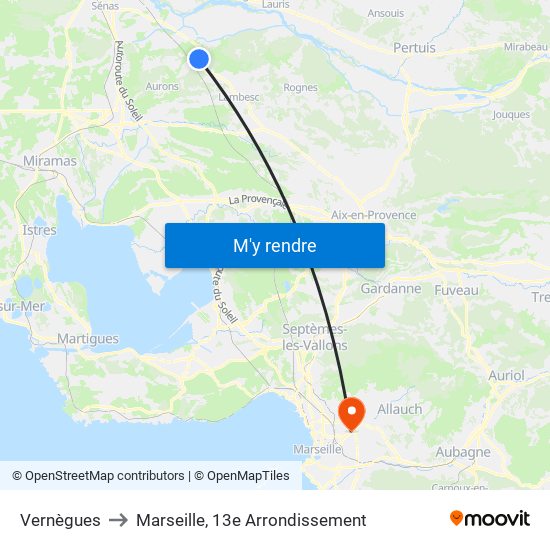 Vernègues to Marseille, 13e Arrondissement map