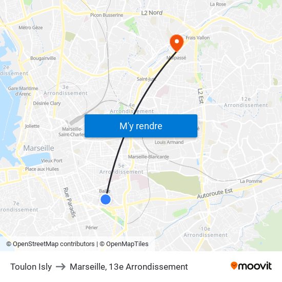 Toulon Isly to Marseille, 13e Arrondissement map