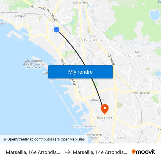 Marseille, 16e Arrondissement to Marseille, 14e Arrondissement map