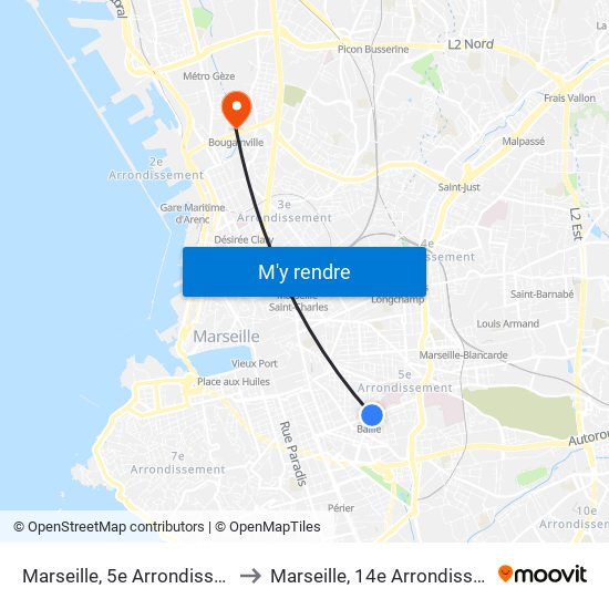 Marseille, 5e Arrondissement to Marseille, 14e Arrondissement map