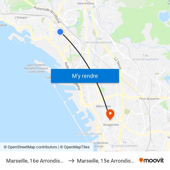 Marseille, 16e Arrondissement to Marseille, 15e Arrondissement map