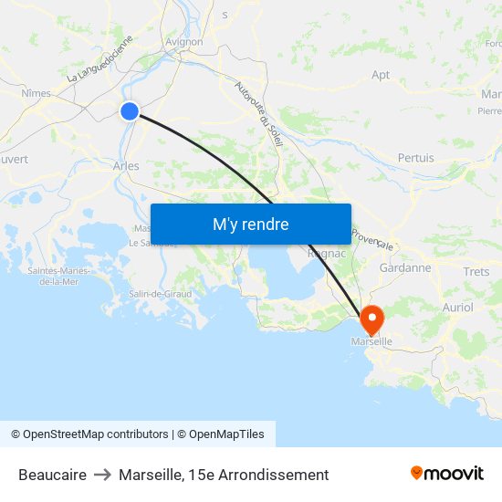 Beaucaire to Marseille, 15e Arrondissement map