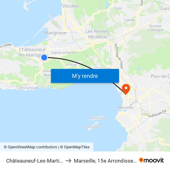 Châteauneuf-Les-Martigues to Marseille, 15e Arrondissement map
