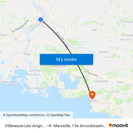 Villeneuve-Lès-Avignon to Marseille, 15e Arrondissement map