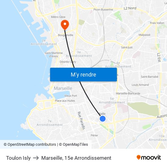 Toulon Isly to Marseille, 15e Arrondissement map